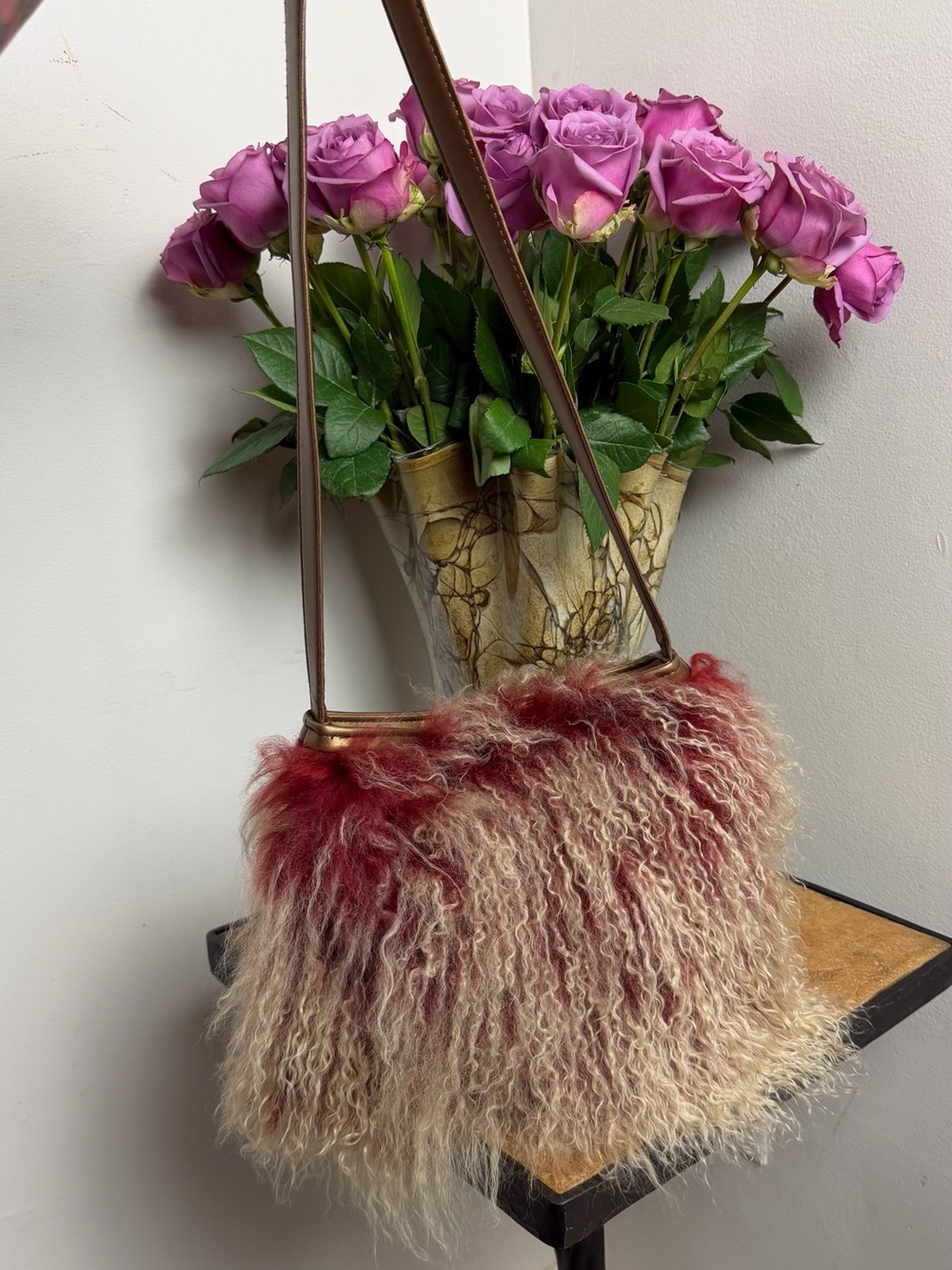 TDT Bags Tibetan Lamb Fur Shoulder Bag Burgundy Cream Y2K Designed in France